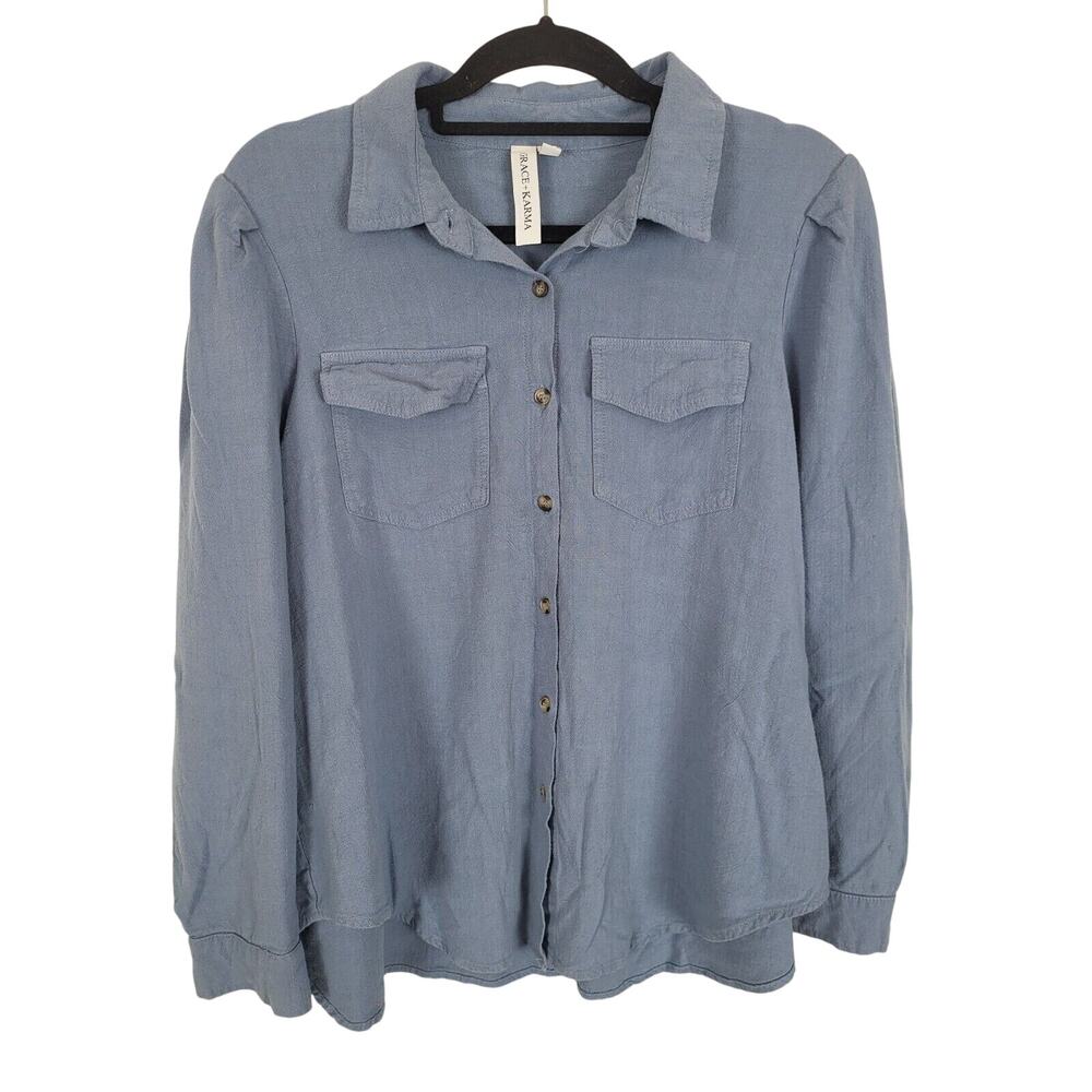 Grace & Karma Button Front Shirt 1x Womens Plus Size Blue Long Sleeve Linen Blen